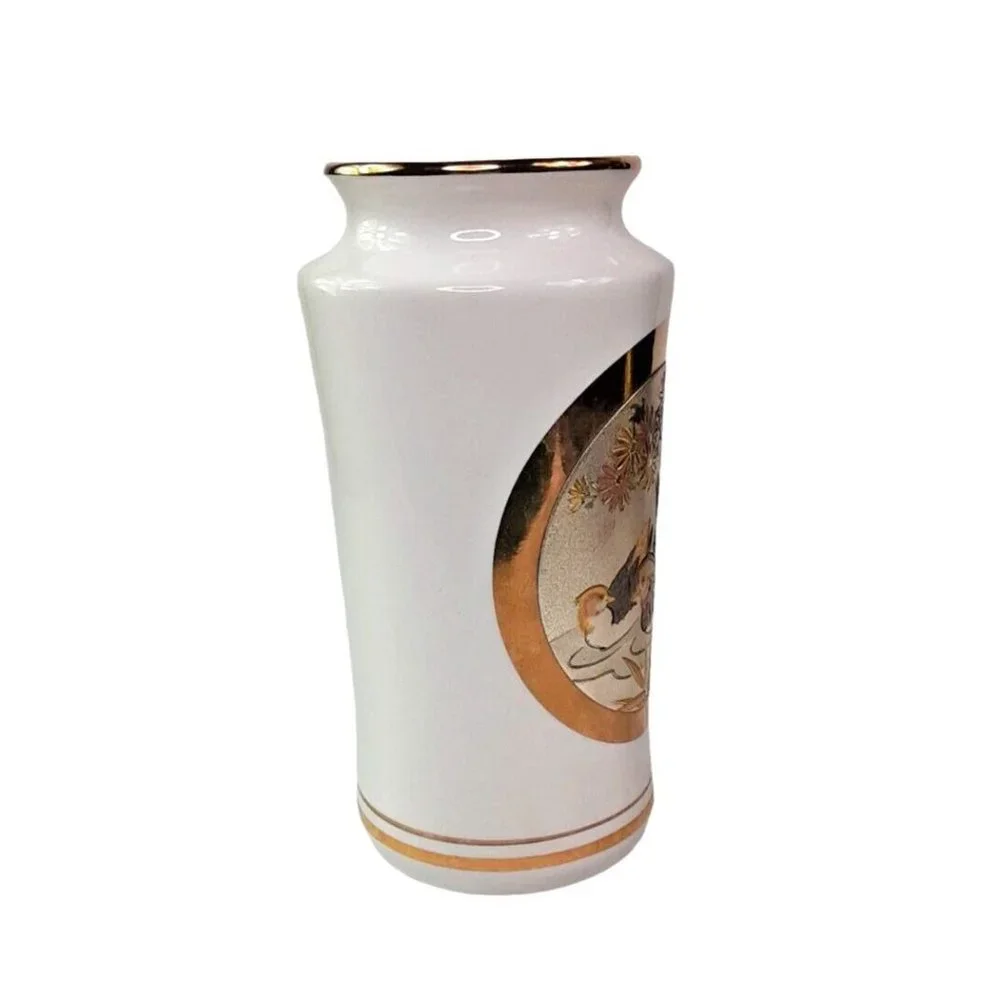 Vintage Art of Chokin White‎ & 24K Gold Trim Made in Japan Swans Design Vase 6